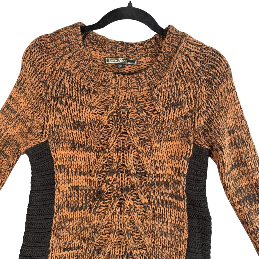 Love Stitch Womens S Brown Black Cable Knit Sweater Long Sleeve Cozy Boho Chic